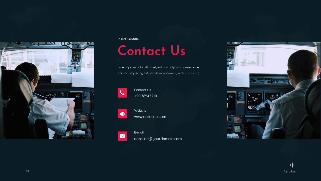 contact us slide in airplane presentation templates for google slides