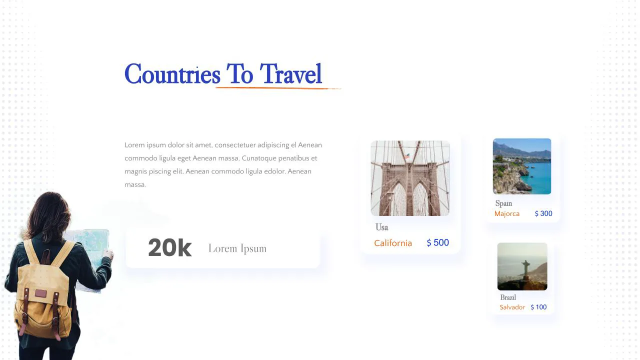 Countries to travel slide with image and package details for Travel brochure google slides template