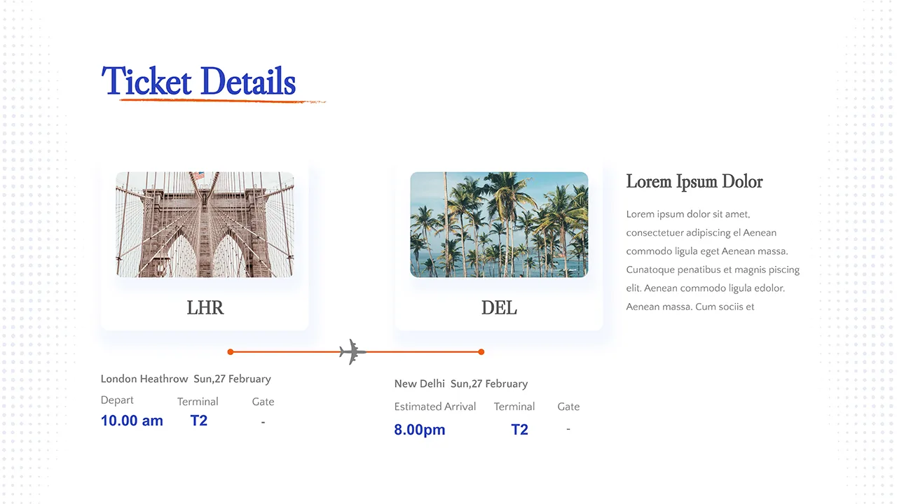 Google slides travel presentation template ticket details slide with timings