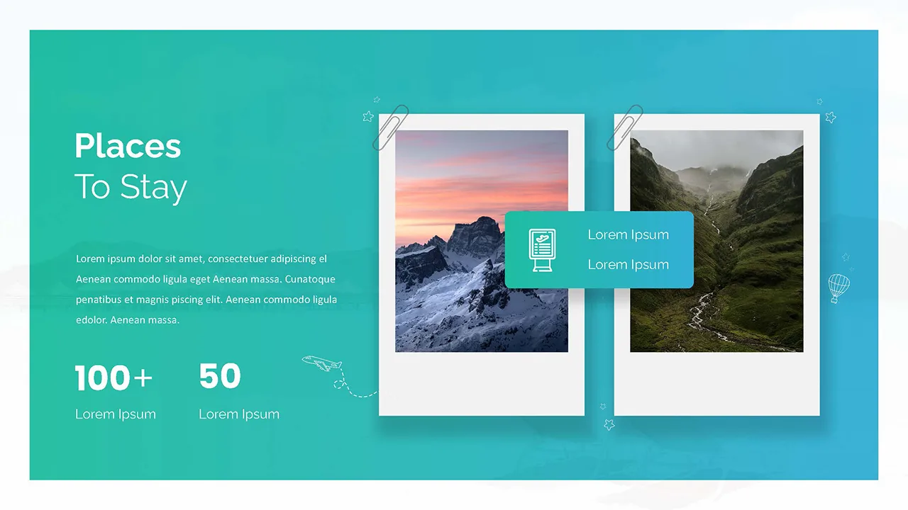 Google slides travel theme with details of the places to stay