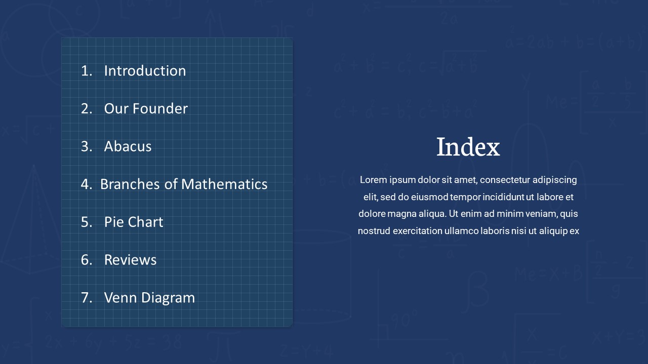 Index Slide of Math Presentation Template for Google Slides