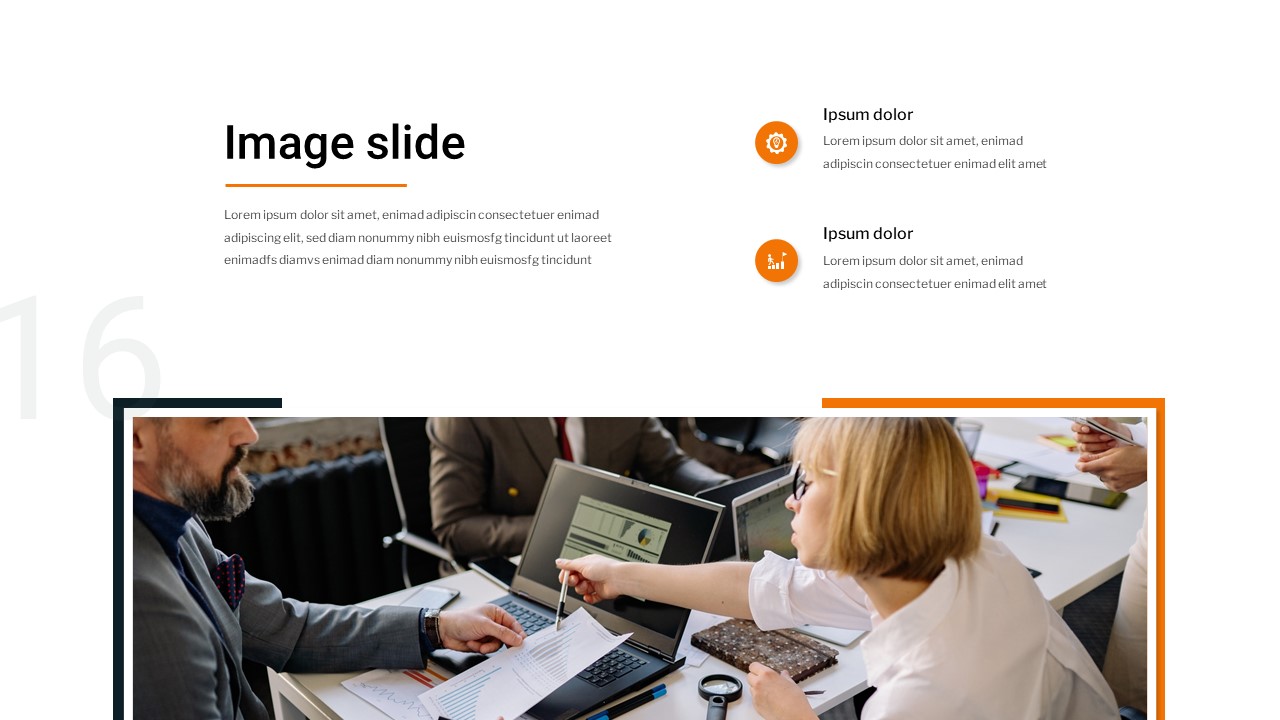Minimalist business google slides theme with a business discussion image at the bottom