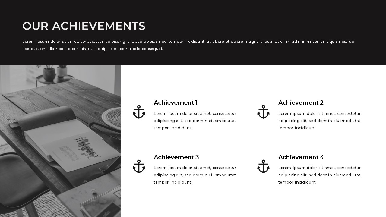 Monochromatic google slides template for presenting company achievements