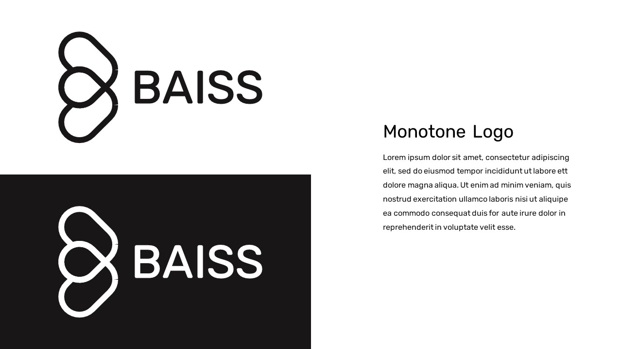 Monotone logo design theme for google slides Branding presentation template deck