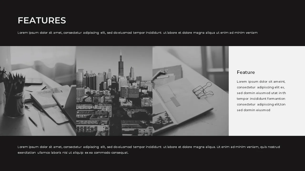 Monotone theme google slides template company features slide