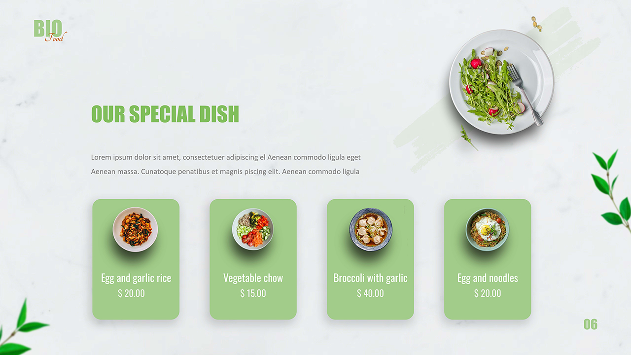 Our special dishes slide with images and pricing for organic food google slides theme