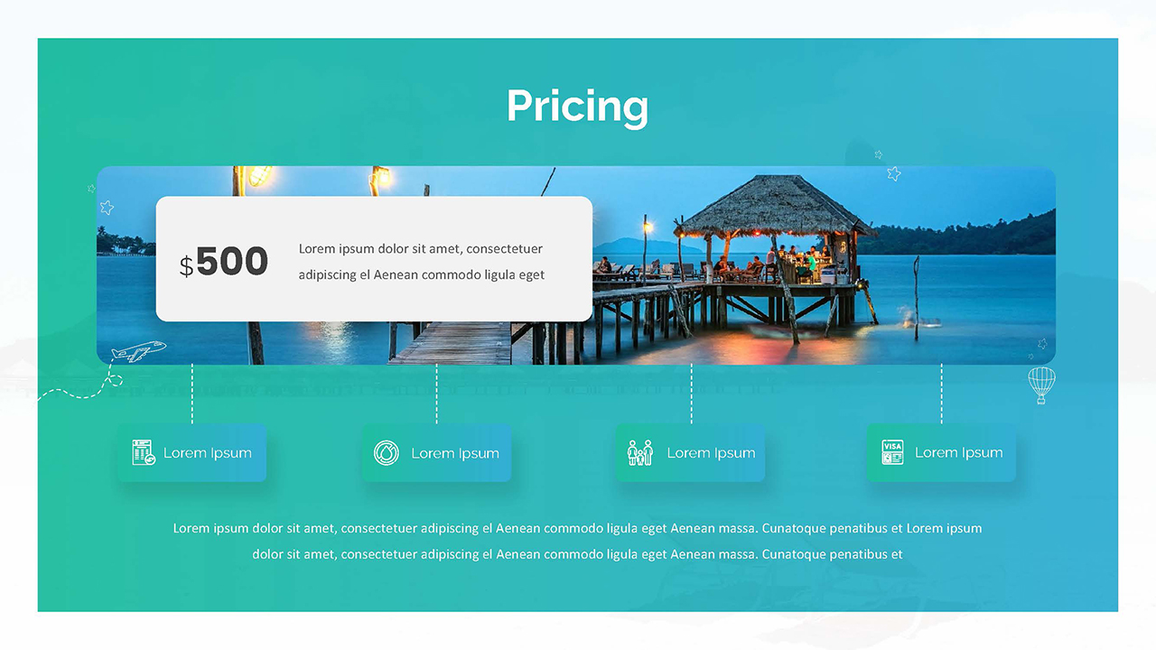 Pricing slide with a stilt house background image for free Google slides travel theme templates