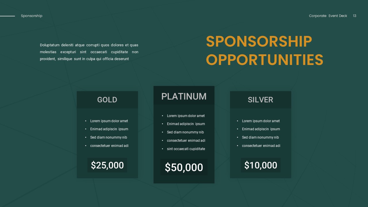 Sponsorship opportunities with pricing details slide for sponsor pitch deck template for google slides