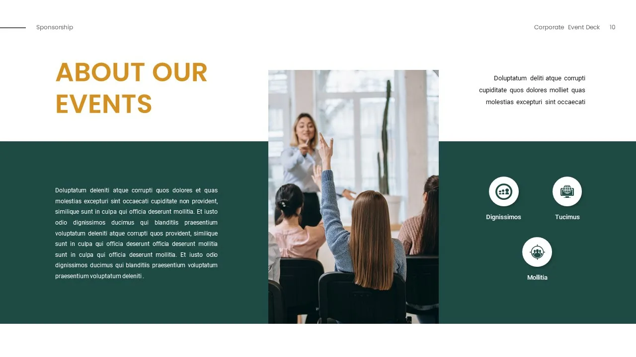 Sponsorship presentation google slides template about our events slide