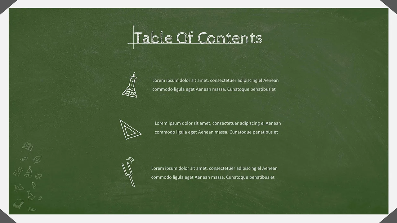 Table of Contents Slide of Chalkboard Slides Theme for Google Slides