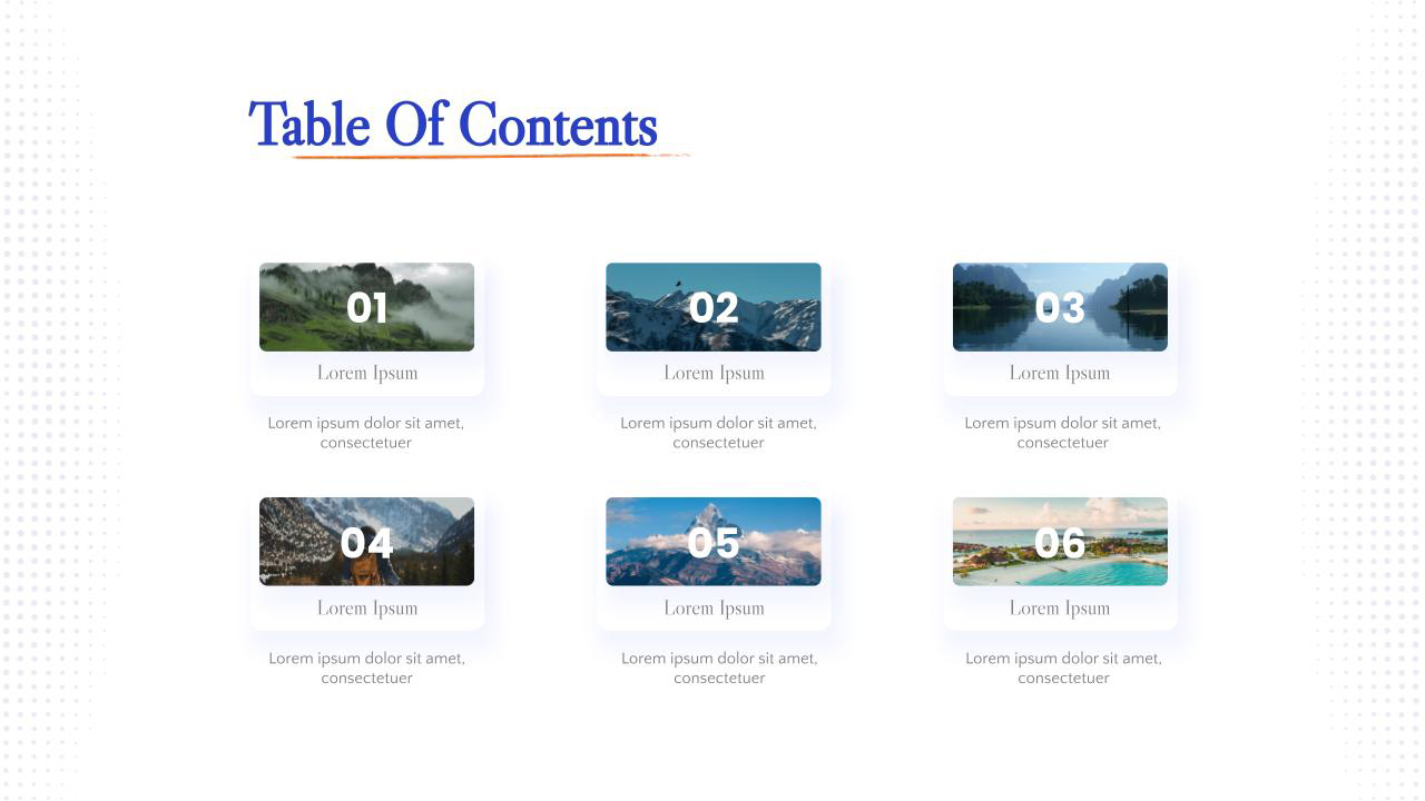 Table of contents design slide for Google slides travel template