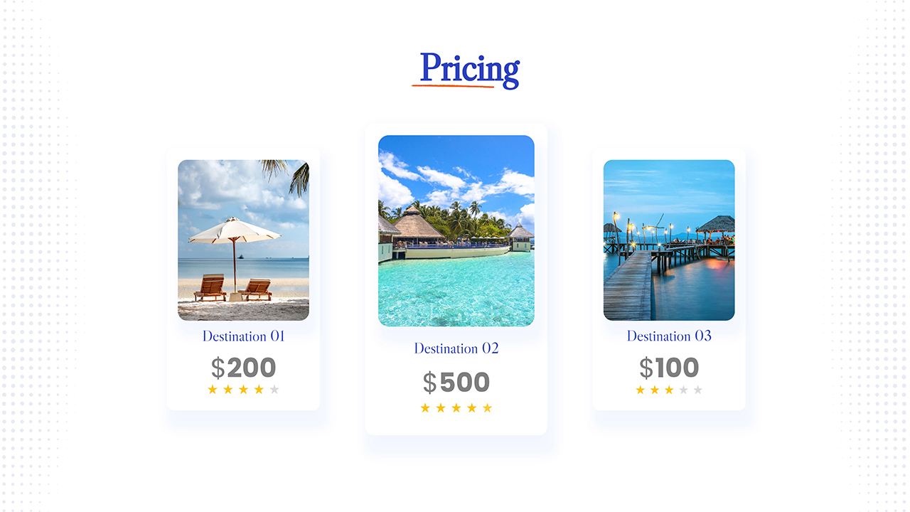 Travel google slides theme pricing details slide with 3 destination images