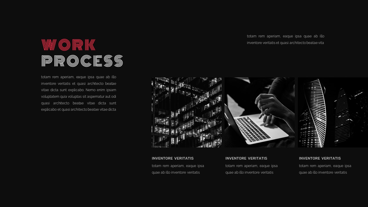 Work process of a company slide for google slides dark themes template