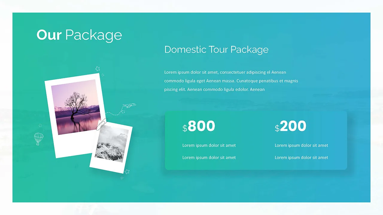 free travel theme google slides template with package details