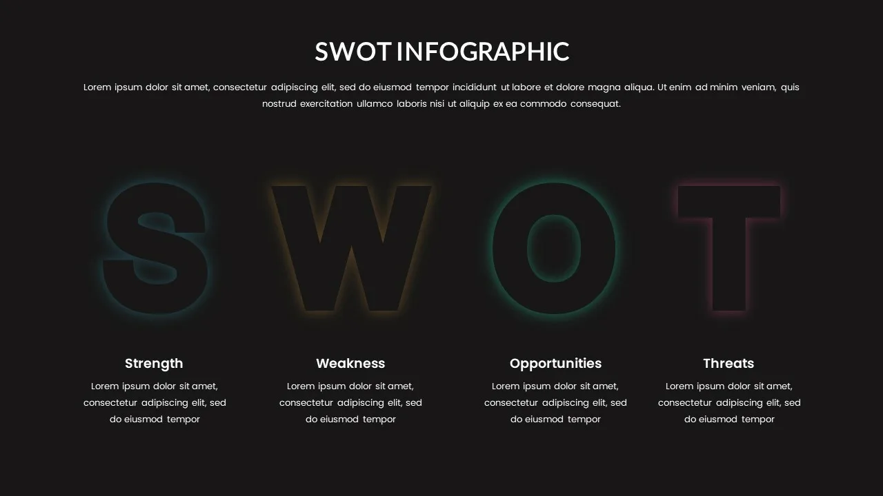 Dark Theme SWOT Infographic Slide