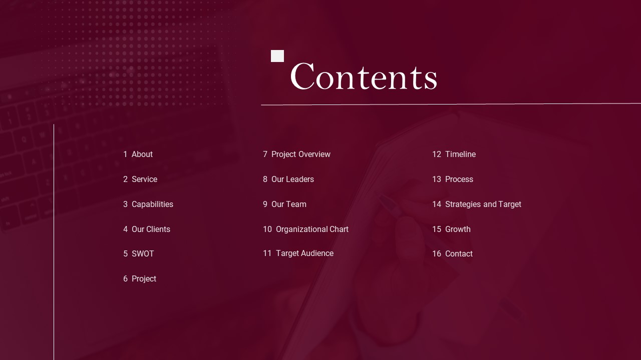 Public Relations Presentation Table of Contents Slide