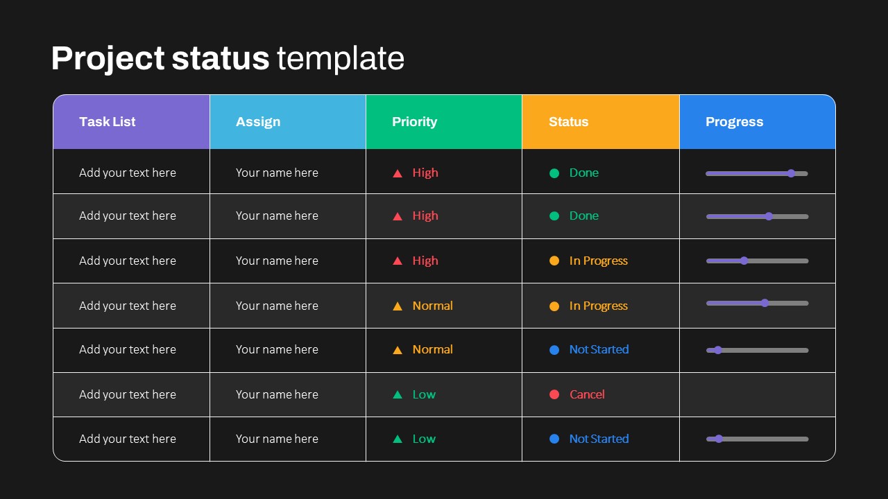 Dark Theme Project Status Slide Template