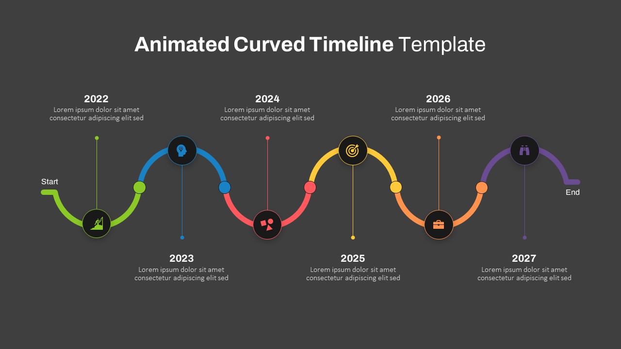 Dark Theme Curved Timeline Powerpoint Template
