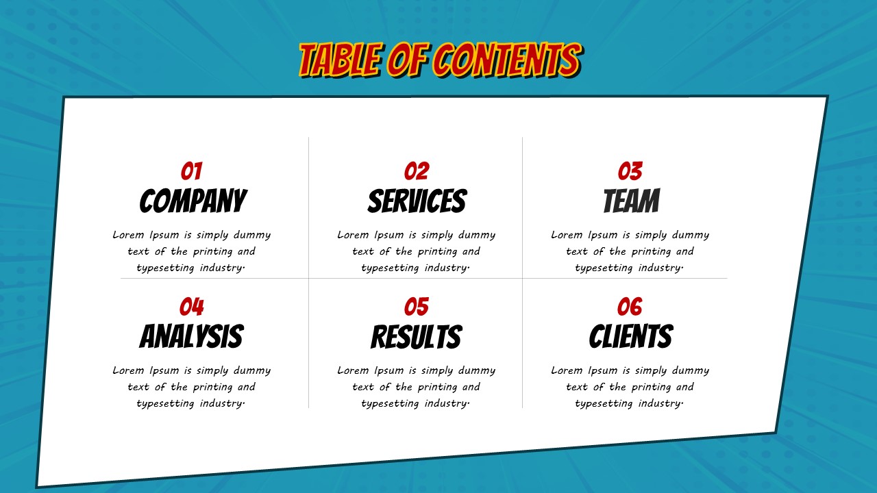 Fun Comic Style Table Of Content PowerPoint Template and Google Slides