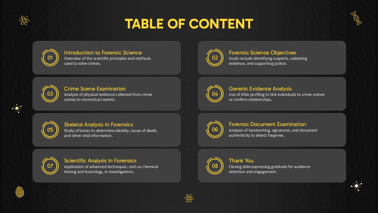 Forensic Science Table Of Content PowerPoint Template and Google Slides