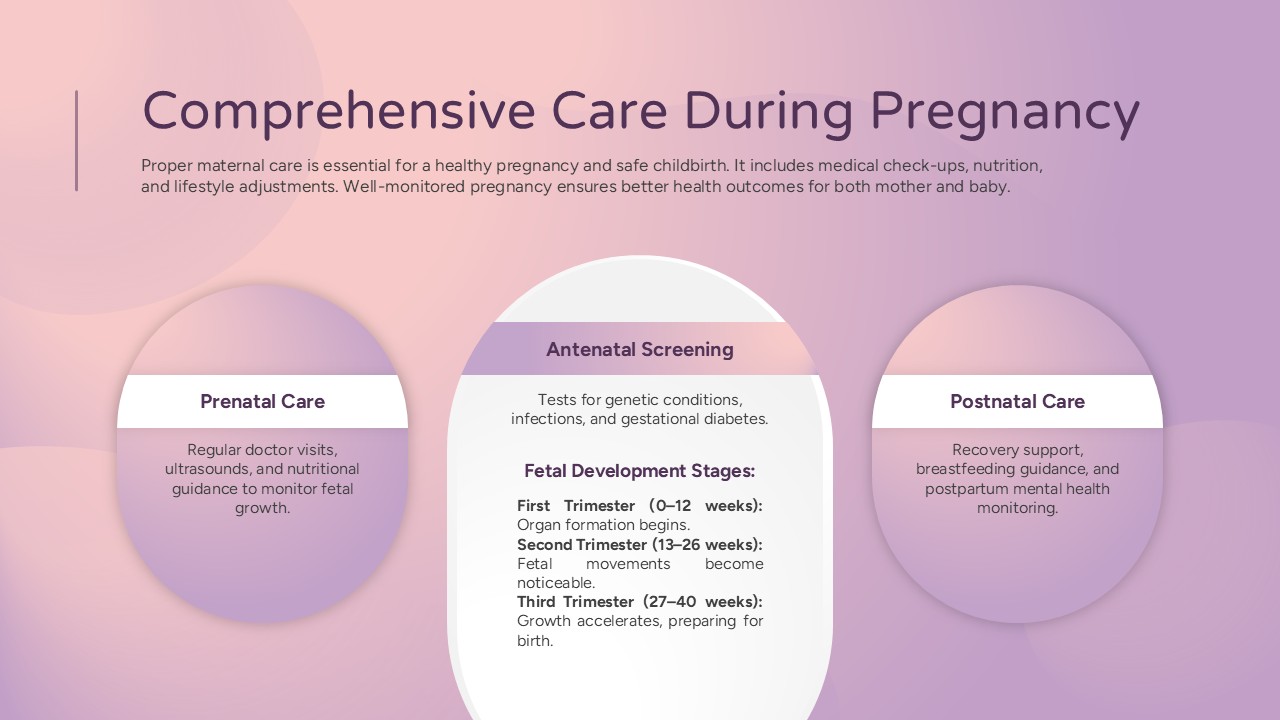 Comprehensive pregnancy care, including prenatal, antenatal screening, fetal development, and postnatal care for PowerPoint & Google Slides.
