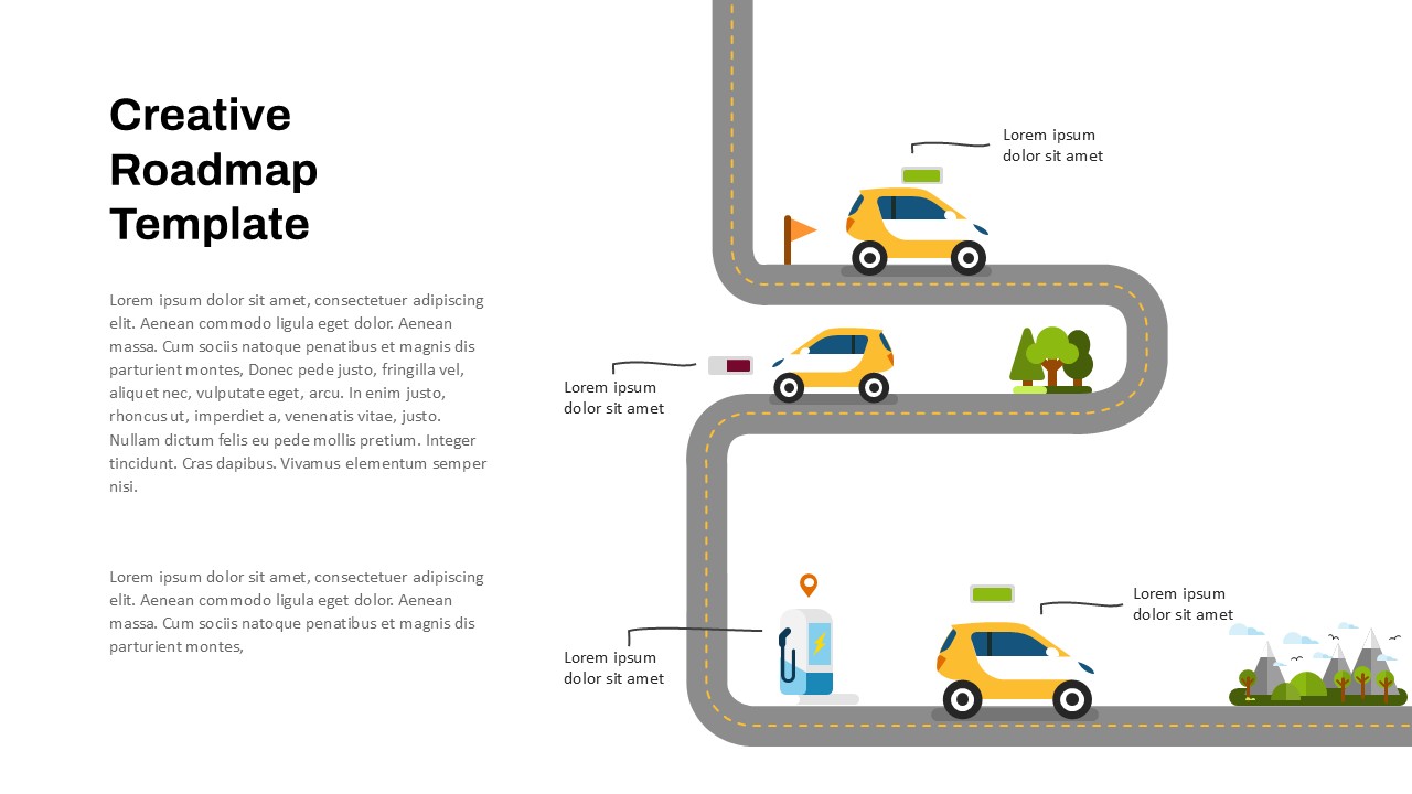 Creative roadmap PowerPoint template with illustrated cars, roads, and landscape features, highlighting key milestones