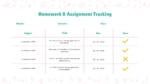 Homework & Assignment Tracking slide from the School Productivity Tracker template, featuring sections for subject, task, due date, and completion status with checkboxes.