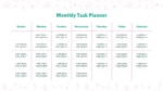 Monthly Task Planner slide from the School Productivity Tracker template, showing days of the week with sections for tasks