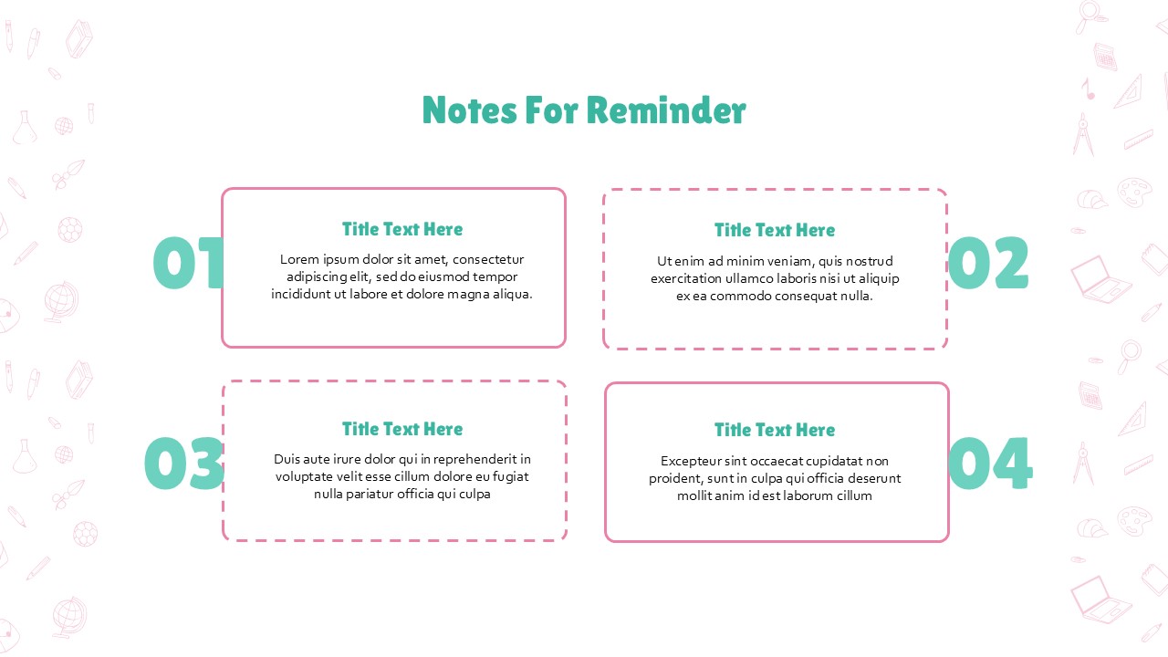 Notes For Reminder slide from the School Productivity Tracker template, featuring numbered sections for notes with placeholder text.