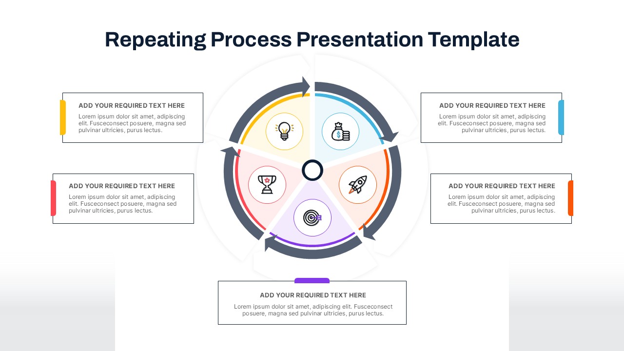 Repeating process cycle diagram template for PowerPoint and Google Slides with five circular segments and editable text boxes.