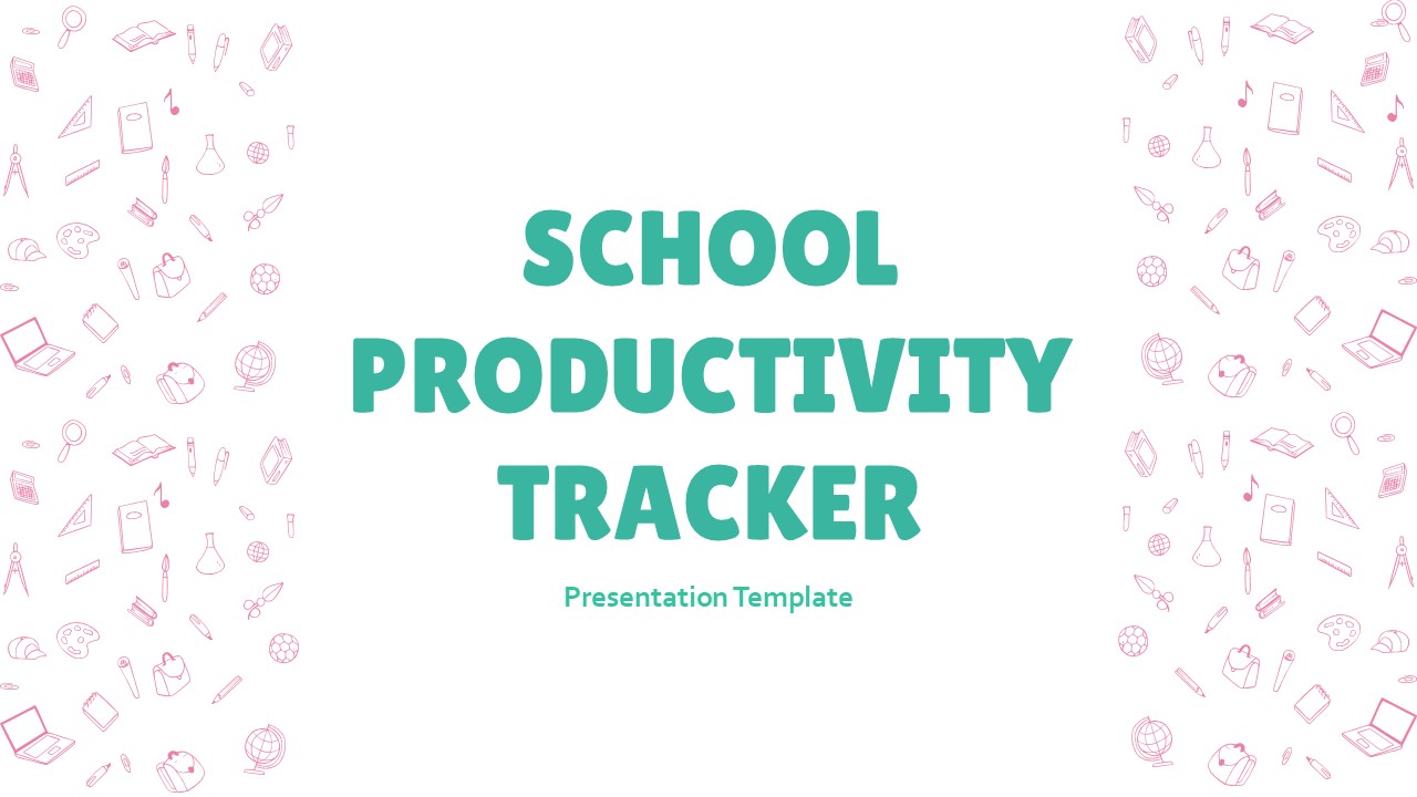 A preview of the School Productivity Tracker PowerPoint and Google Slides template, featuring the title slide with icons related to school supplies and activities.