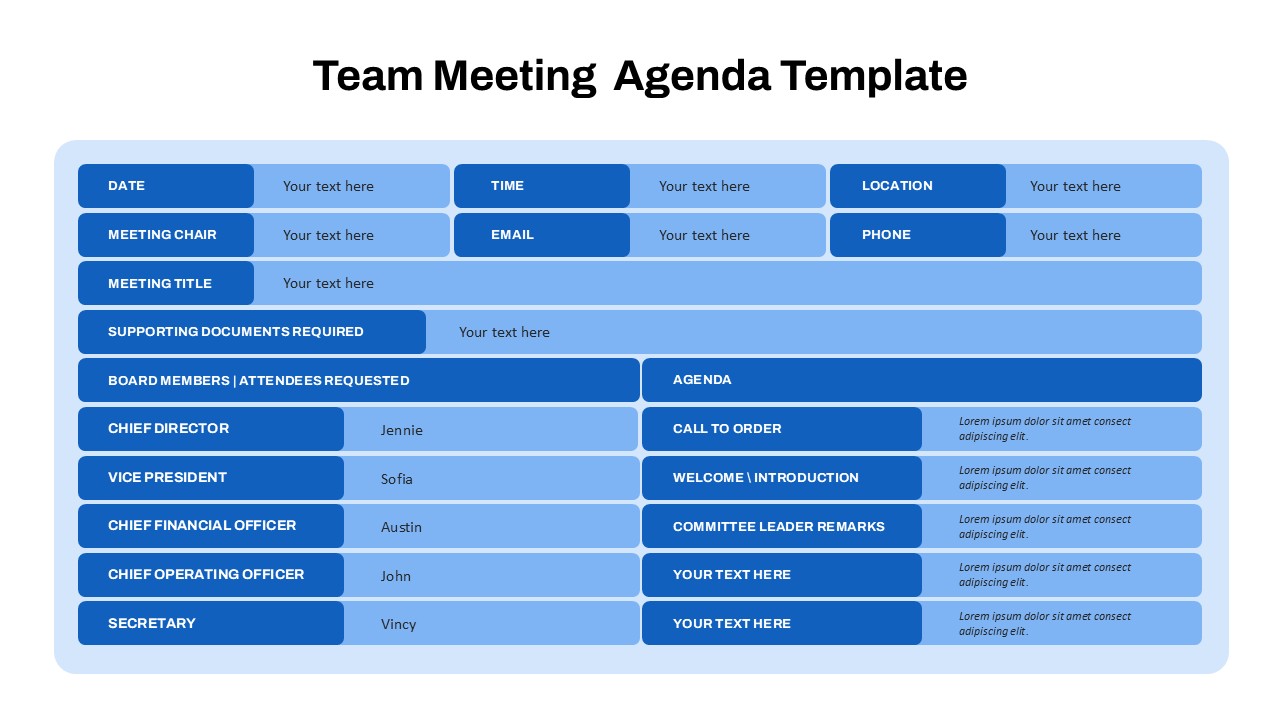 Team meeting agenda template for PowerPoint and Google Slides with editable fields for date, time, location, participants, roles, and meeting agenda items.