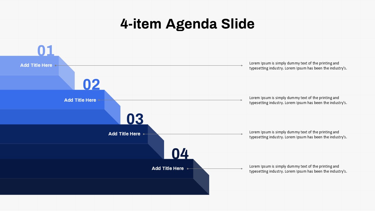 4-item agenda slide with numbered steps and placeholders for titles and descriptions in a blue stair-step layout.