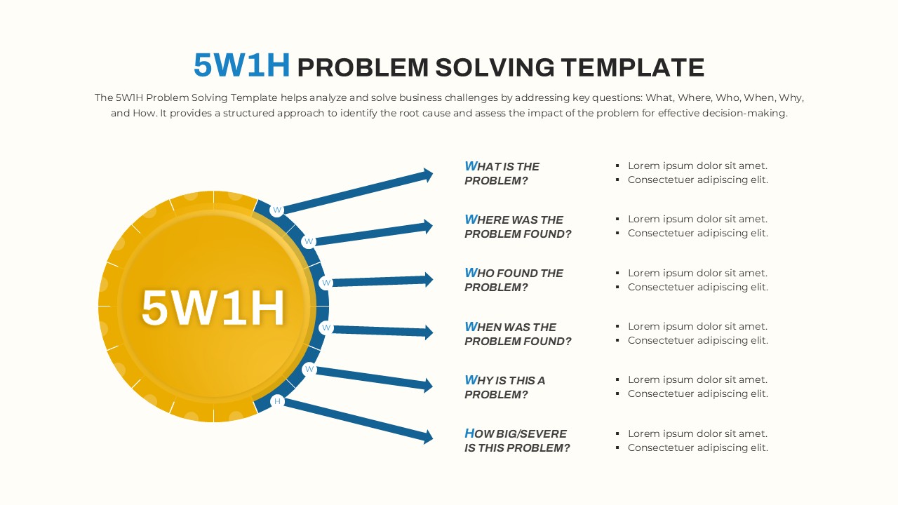 5W1H Problem Solving PowerPoint Template for business analysis, highlighting key questions: What, Where, Who, When, Why, and How