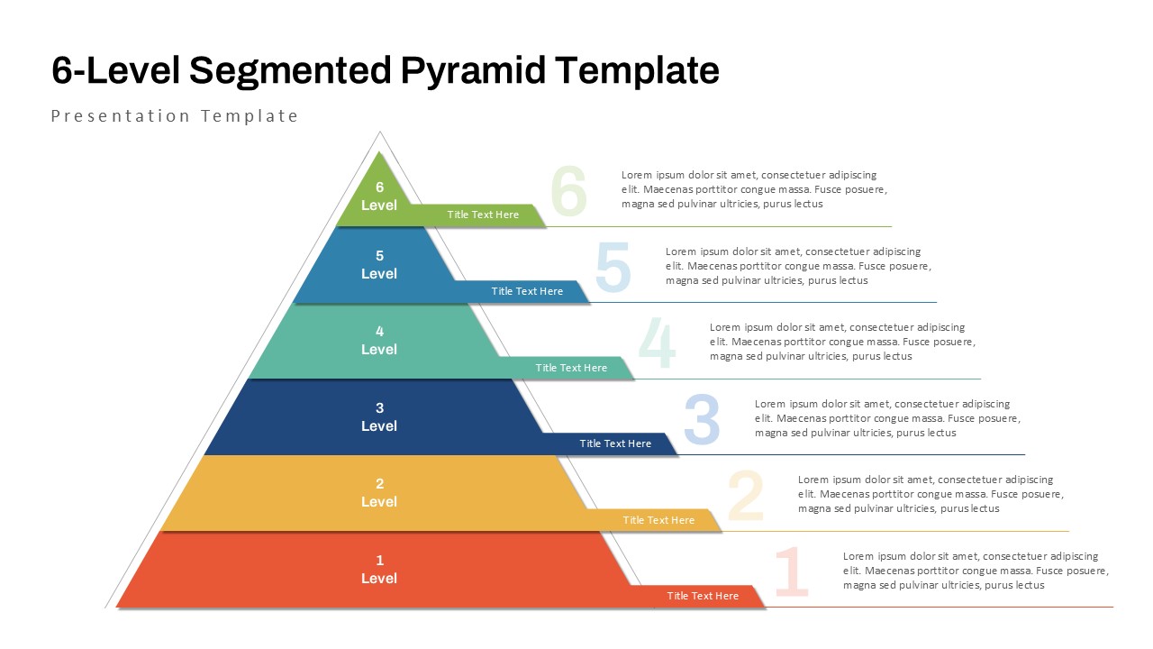 Color-coded 6-level segmented powerpoint pyramid diagram with editable titles and description areas for presentations.