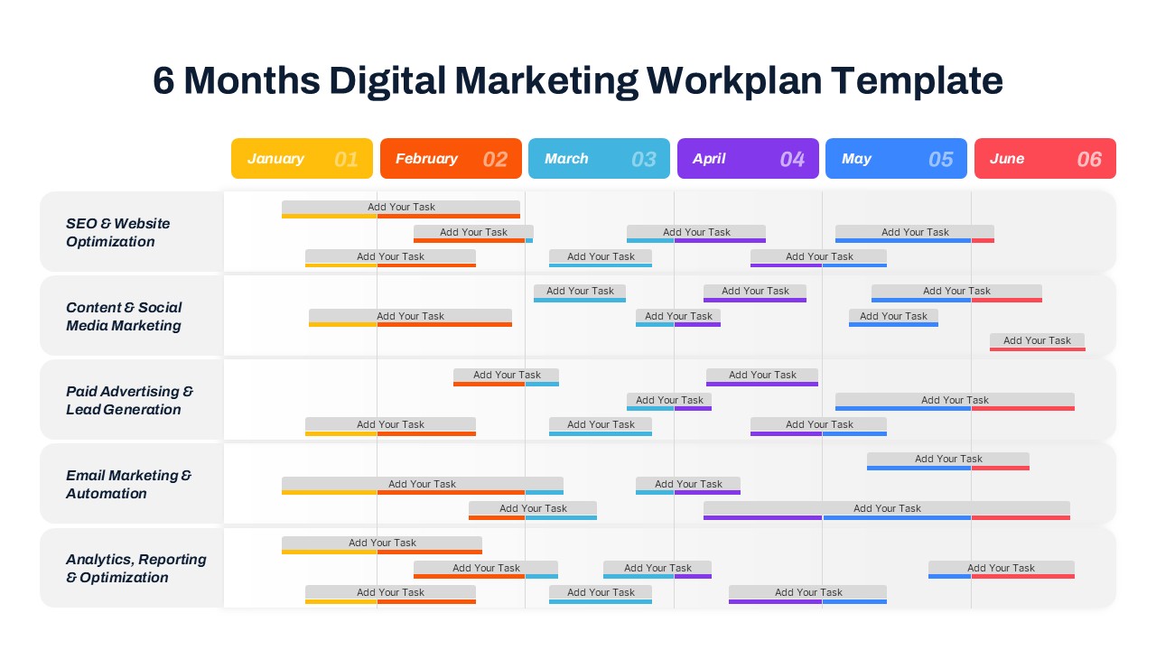 6 Months Digital Marketing Work Plan PowerPoint Template with tasks for each month across multiple marketing areas