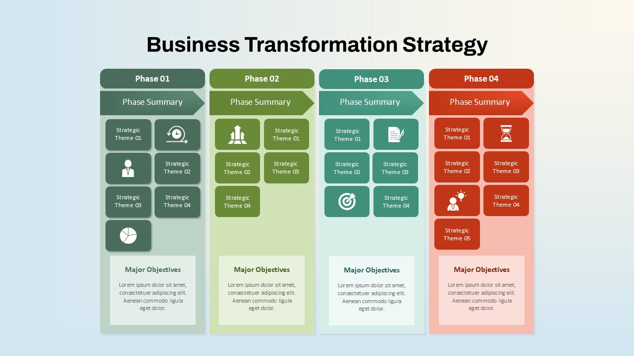 A business transformation strategy PowerPoint template with four vertical columns labeled Phase 01, Phase 02, Phase 03, and Phase 04.