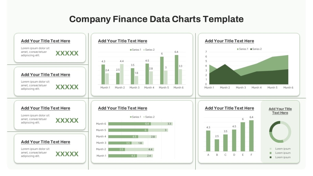 Company finance data charts template with bar, horizontal bar, area, and doughnut charts and text placeholders.