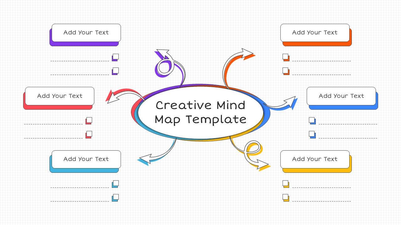 Creative mind map powerpoint template with central node and color-coded branches for text and ideas, suitable for brainstorming or project planning