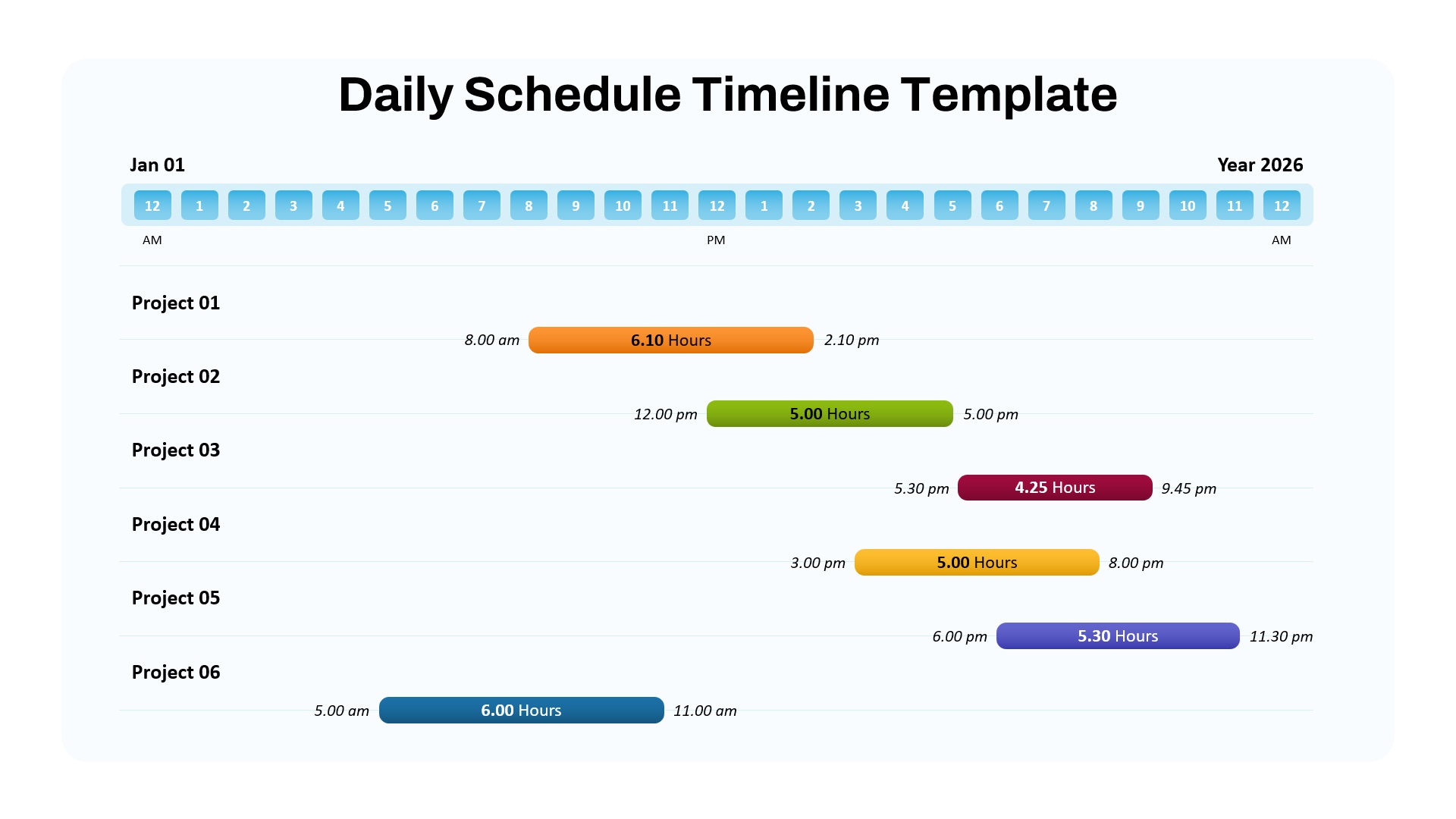 Colorful daily schedule timeline PowerPoint template with project timelines from 5 am to 11.30 pm