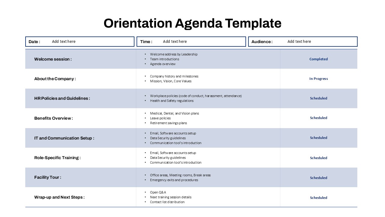New employee orientation agenda template with sessions on company overview, HR policies, benefits, IT setup, training, and facility tour