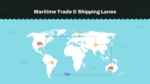 Global maritime trade and shipping lanes map with transport icons showing trade flow by sea, air, and land