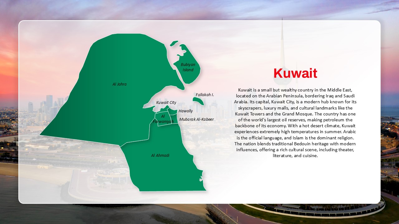 Kuwait map with regions and an overview of Kuwait’s culture, economy, climate, and capital city highlights