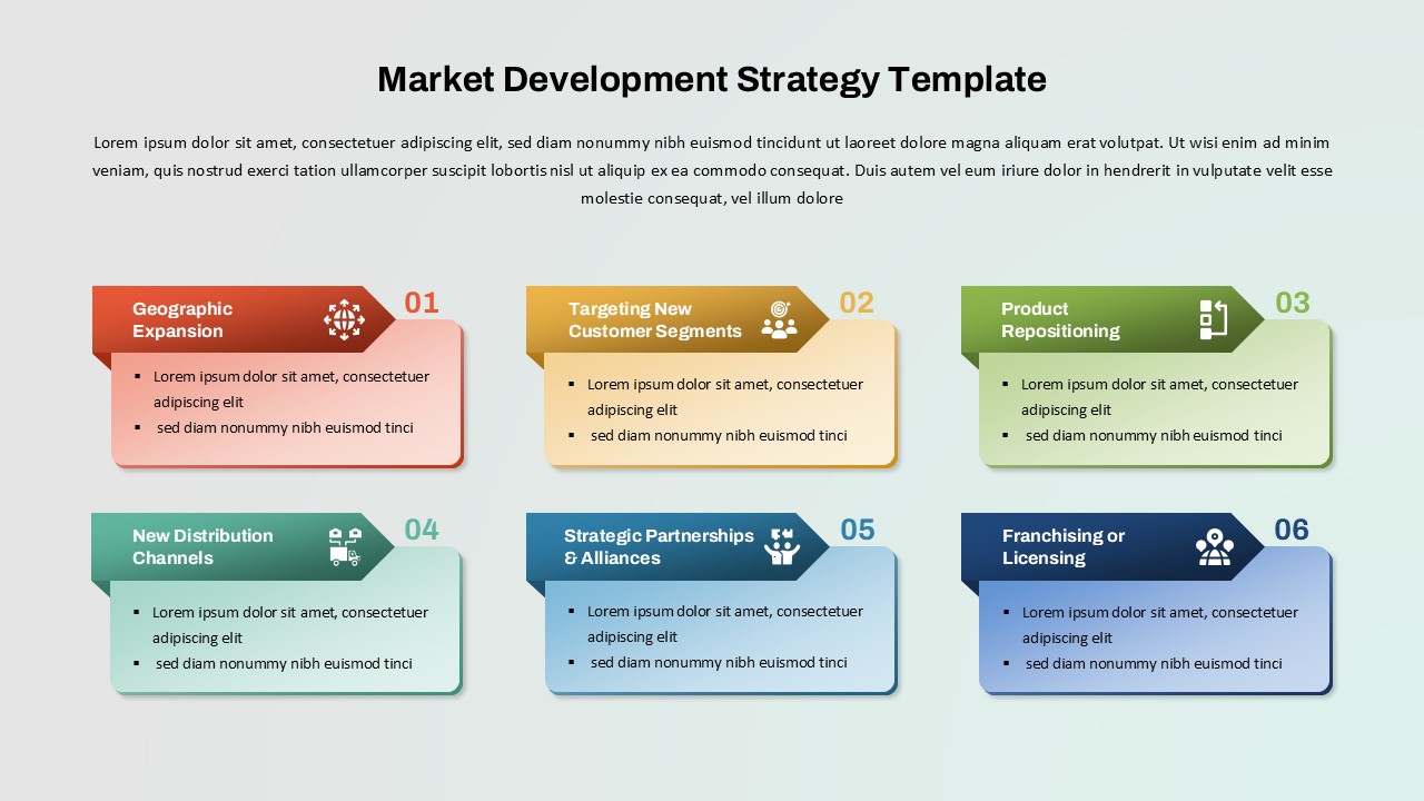 Market development strategy template with six steps: Geographic Expansion, Targeting New Customer Segments, Product Positioning, New Distribution Channels, Strategic Partnerships & Alliances, Franchising or Licensing.