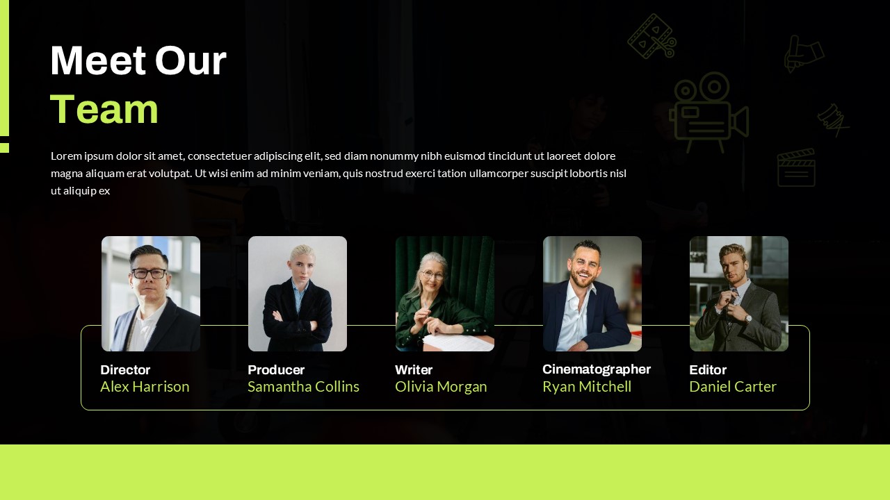 Meet Our Team Slide From Movie Studio and Film Maker PowerPoint Presentation Templates