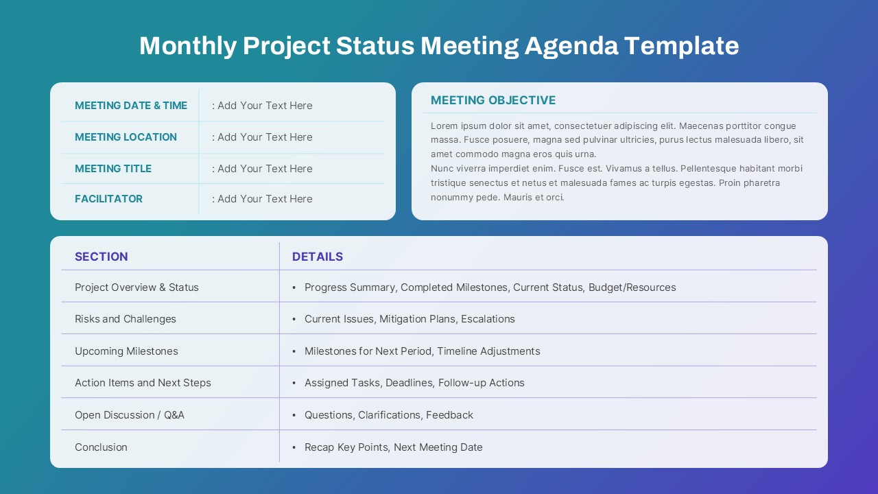 Monthly project status meeting agenda slide template with sections for updates, risks, milestones, actions, and conclusions