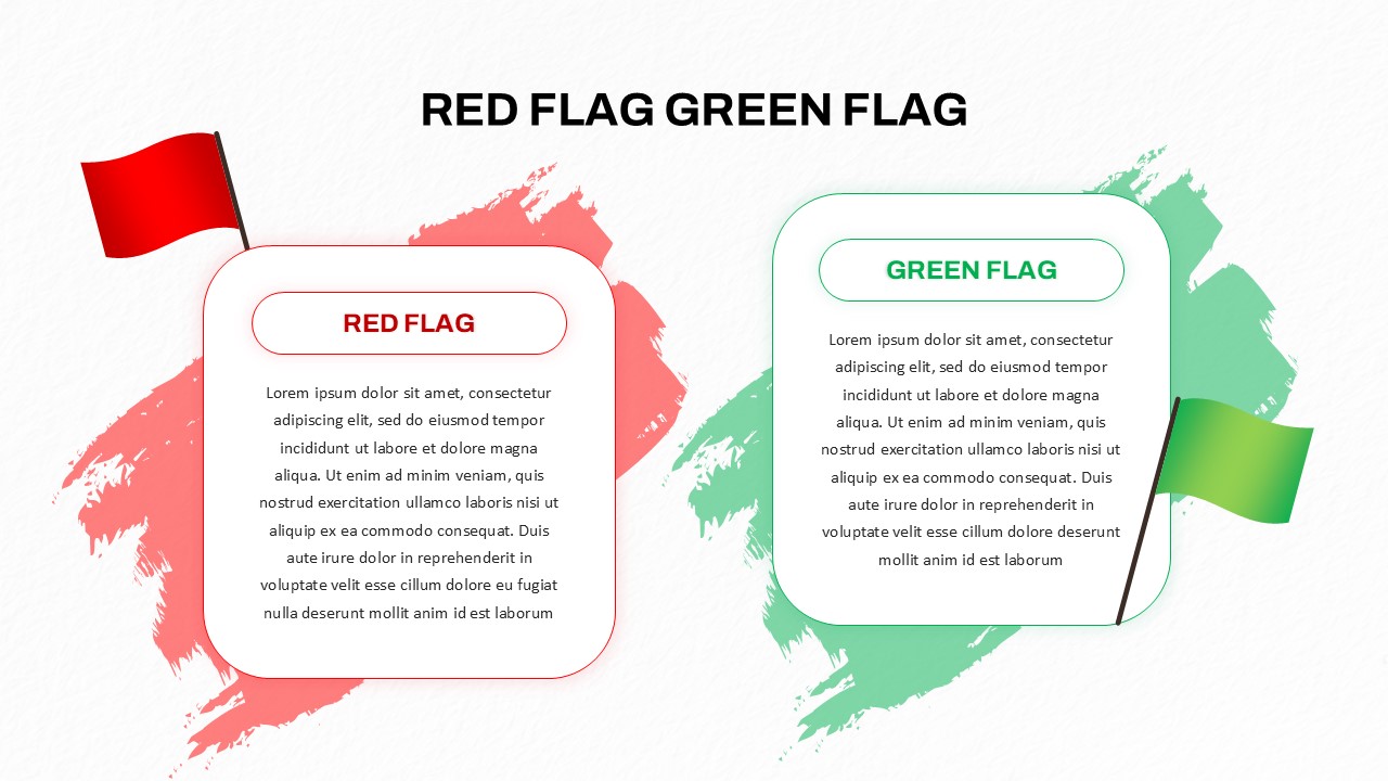 Comparison slide showing red flags vs green flags with text boxes and flag illustrations on a white background.