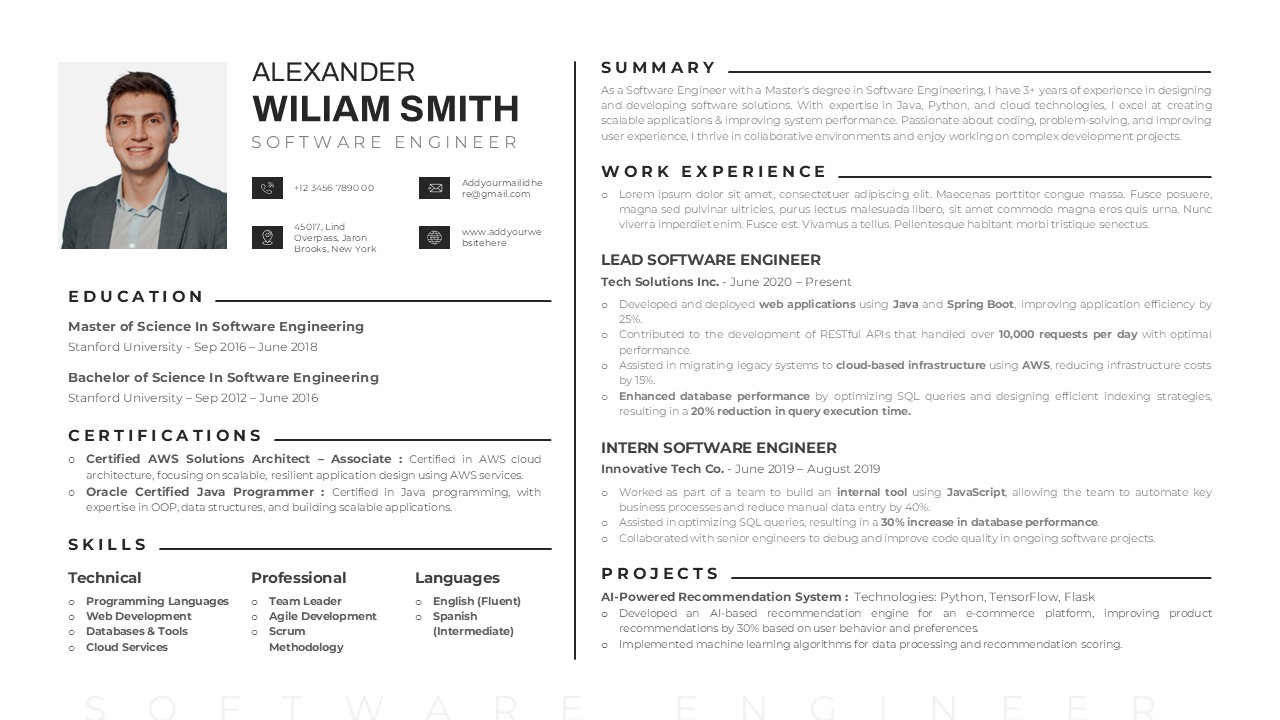Professional software engineer resume powerpoint slide with summary, education, certifications, skills, experience, and project details.