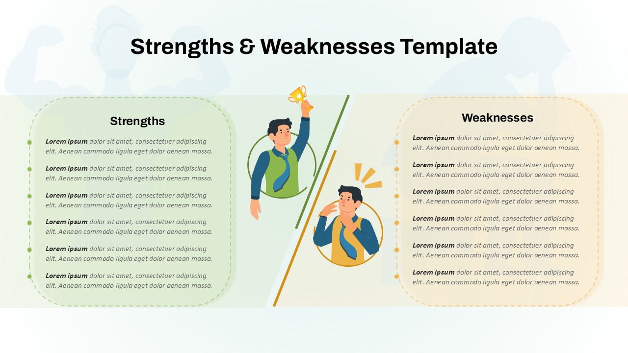 Strengths and weaknesses comparison slide template with character illustrations and bullet point lists