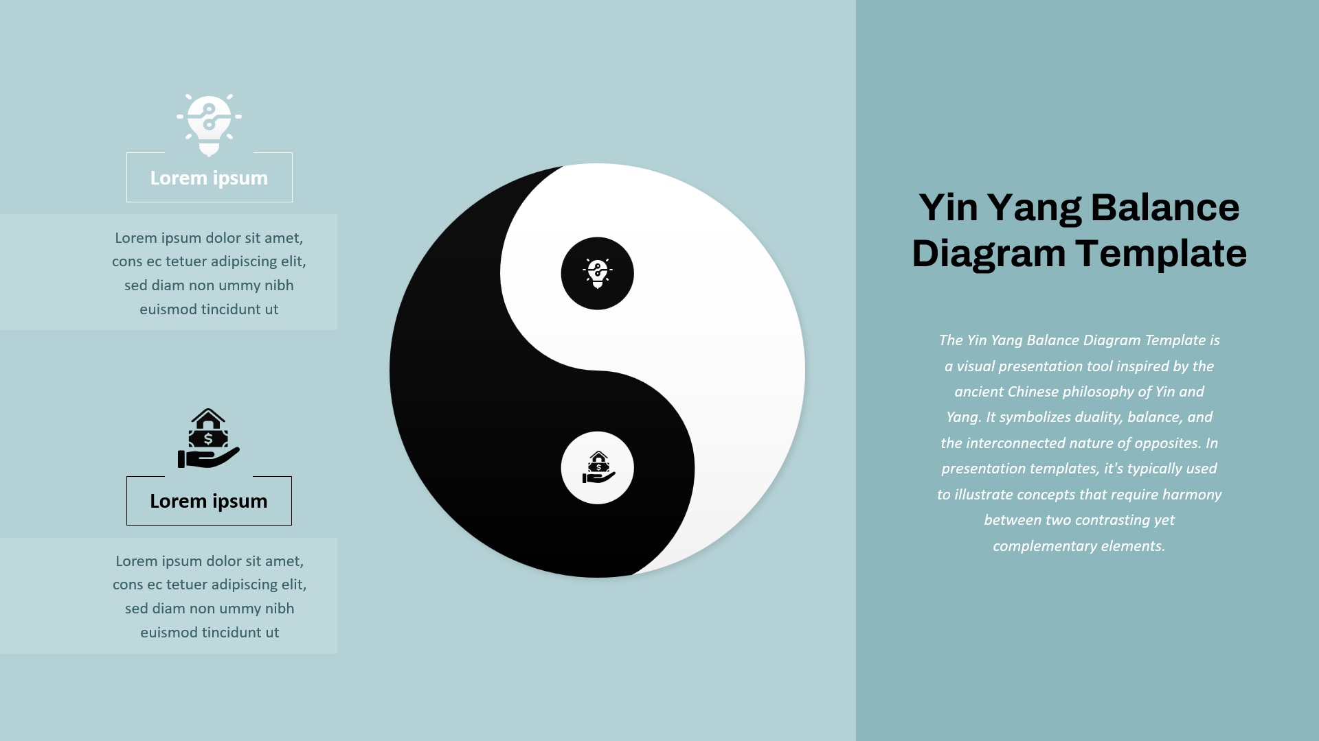 Yin Yang balance diagram template showing duality and harmony between two contrasting concepts for business or strategy presentations.